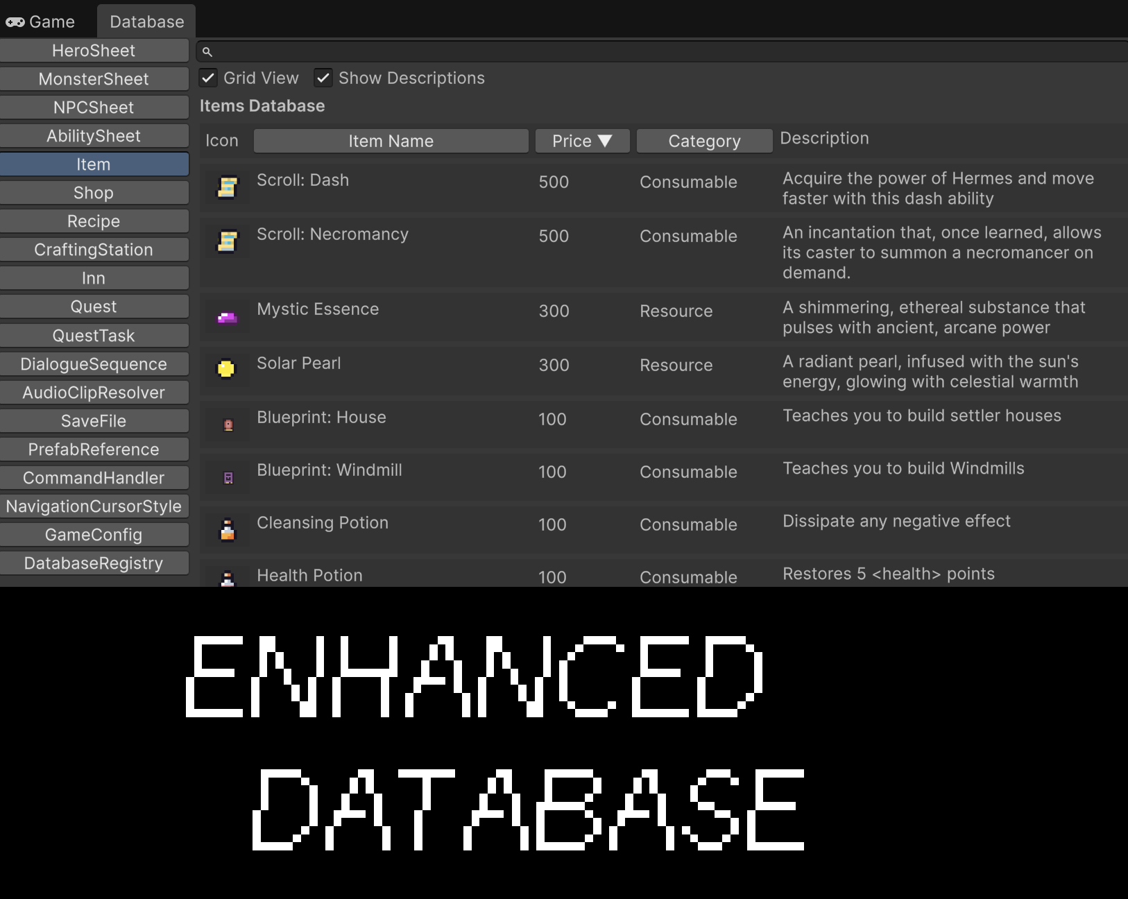 Enhanced Database - Unity addon for Mythril2D